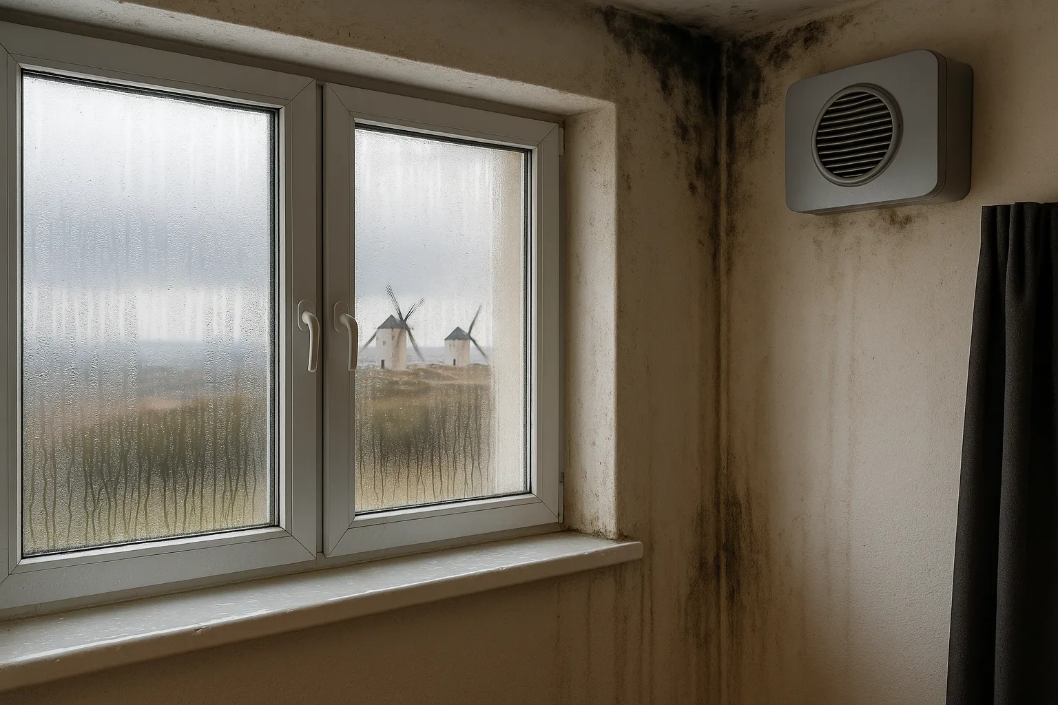 Condensación en ventana y moho en pared